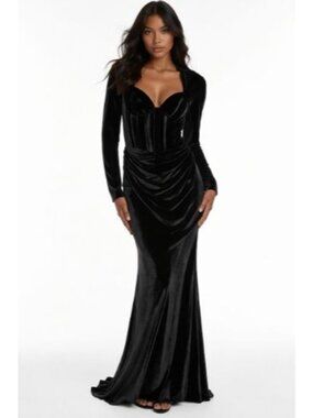 Black Velvet Corset Midi Dress Long Sleeve Ruched Size 8 Elegant Formal